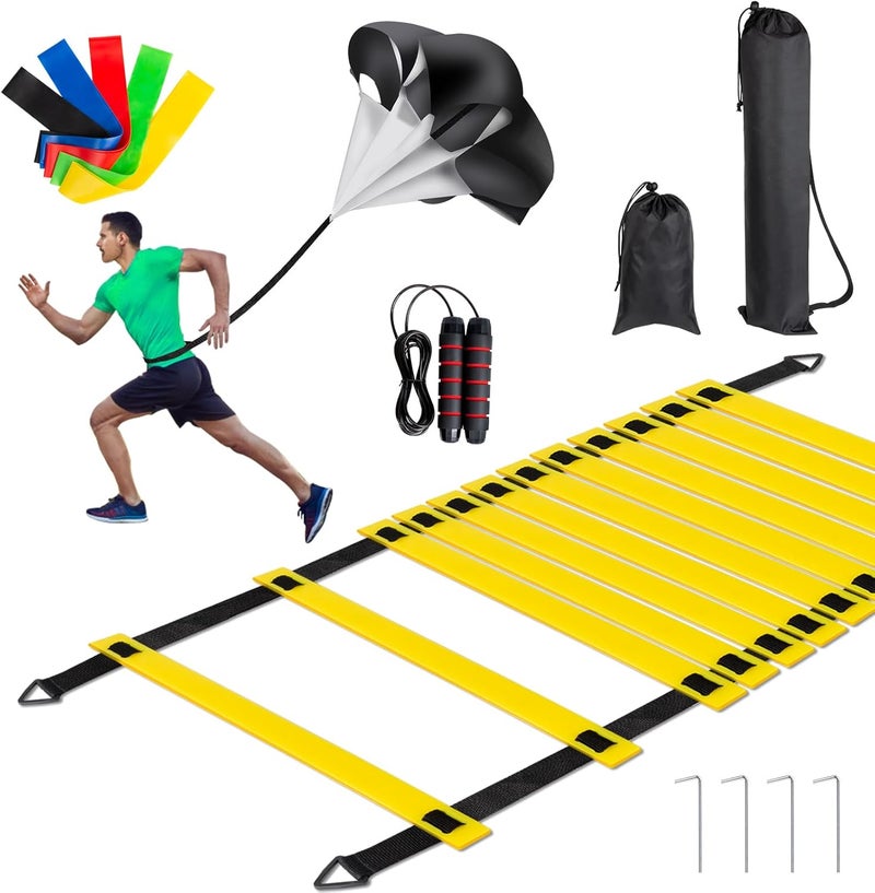 MIVERYEA Soccer Training Equipment Set, 20 Feet 12 Rungs Pro Speed & Agility Ladder, Resistance Parachute, Jump Rope, 5 Resistance Bands with Carrying Bag - Image 1